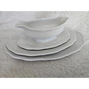 (Set of 3) Wakbrzych Gravy Boat & 2 Serving Plates Oval White Poland Classic